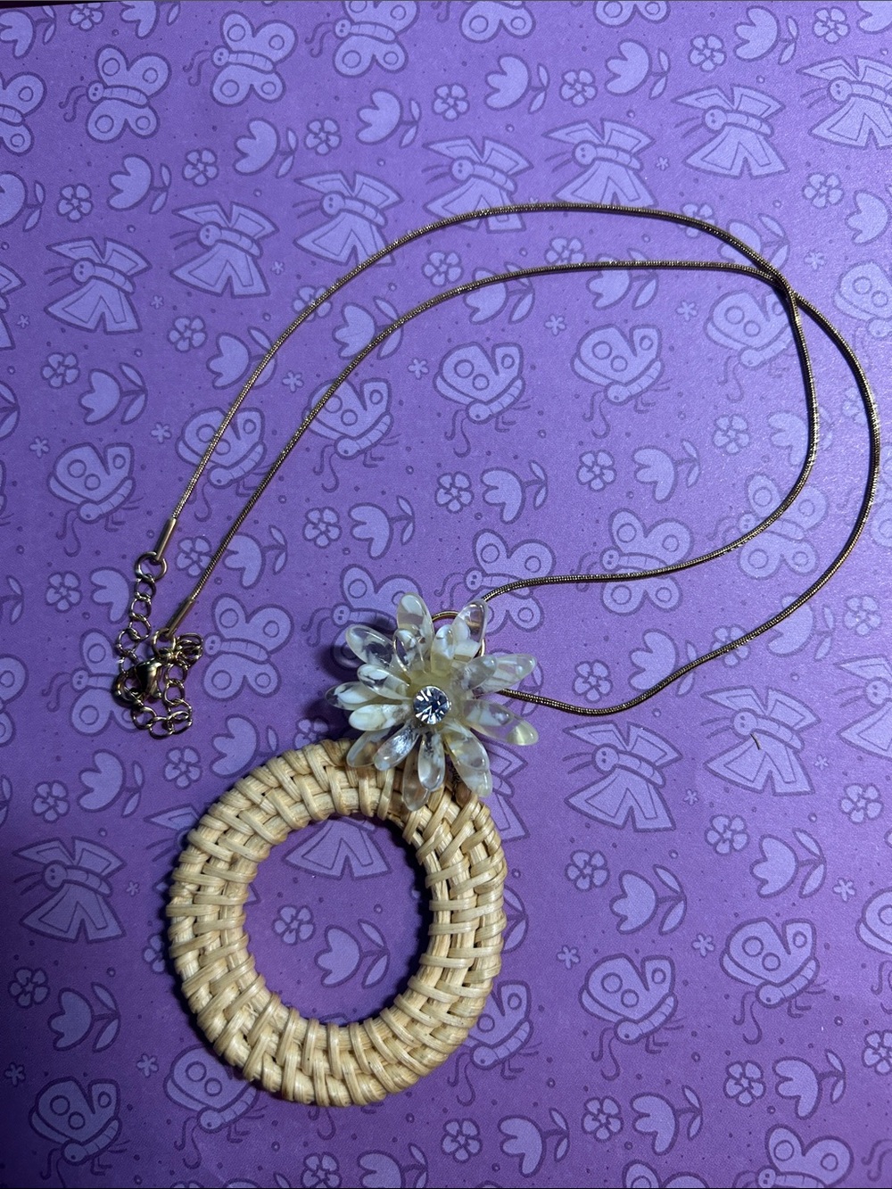 Beaded Flower Rattan Pendant Necklace - Natural Beige